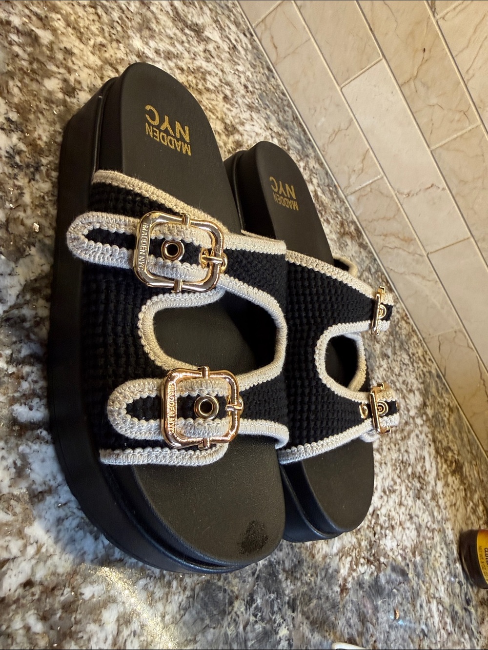 Madeen NYC Black Woven Sandals with Cream Trim and Gold Buckles
